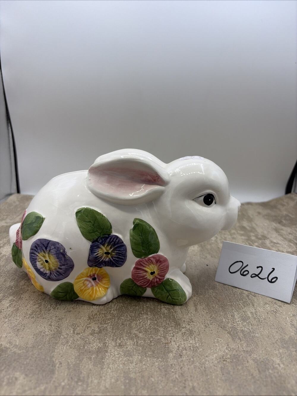 Pier 1 Easter Bunny 9" L Piggy Bank Ceramic Floral Design w/ Stopper Vintage